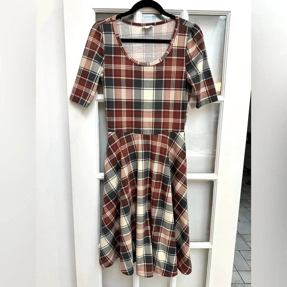 LuLaRoe | Fit & Flare Nicole Blue Cream Burgundy Plaid Dress Size S Small - Picture 2 of 8